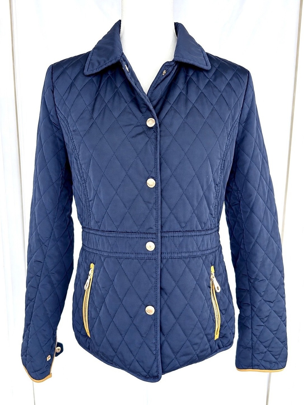 Massimo Dutti Navy Blue Diamond Quilted Jacket Gold Hardware Large